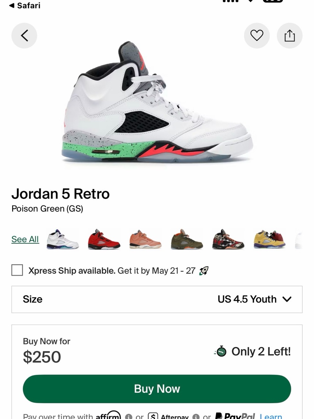 Jordan 5 Retro poison from 2015 sz 4 youth or 5.5 women used very clean !!!